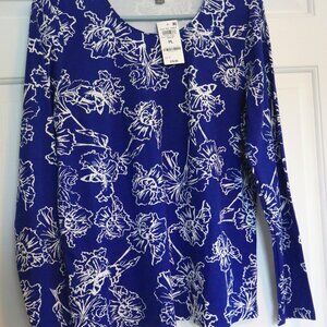 Women's Size PL Royal Blue/White Long Sleeve Cotton Top Scoop Neck NEW